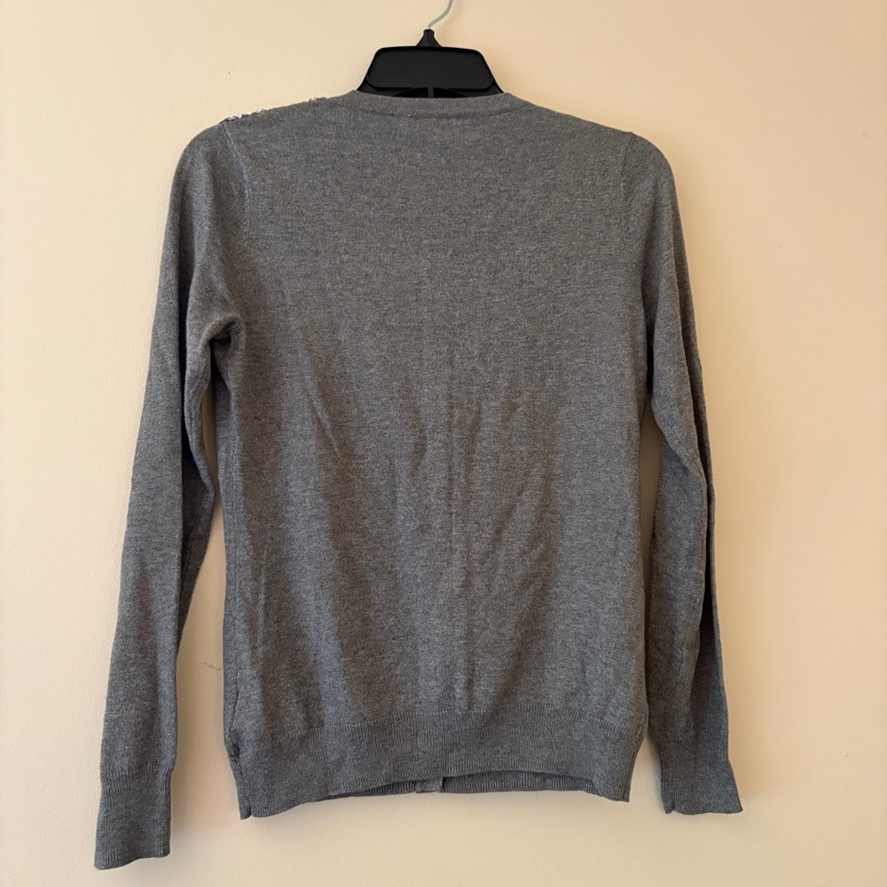 Women’s Gray Button Front Cardigan Sweater with Beaded Shoulder Detail - Picture 2 of 3
